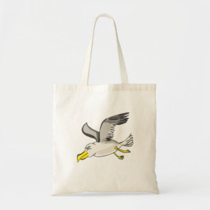Cartoon seagull flying over head tote bag