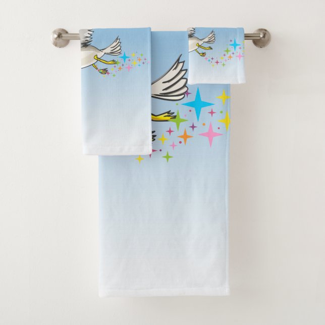 Cartoon seagull flying over head with a blue sky bath towel set (Insitu)