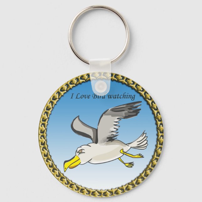 Cartoon seagull flying over head with a gold frame key ring (Front)