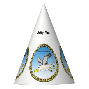 Cartoon seagull flying over head with a gold frame party hat