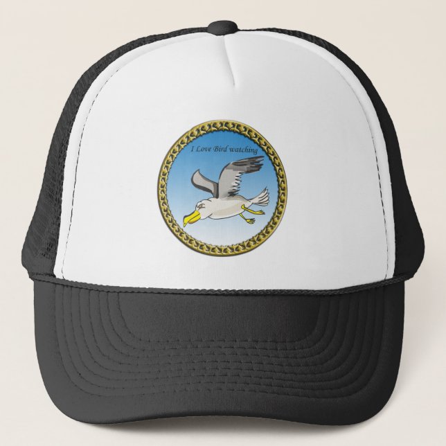 Cartoon seagull flying over head with a gold frame trucker hat (Front)