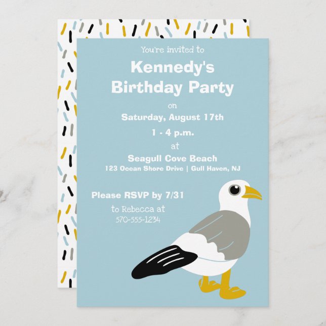Cartoon Seagull Grey, White, Light Blue Custom Invitation (Front/Back)