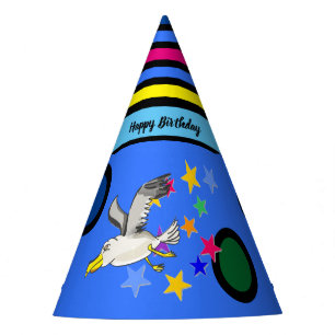 Cartoon seagull with colourful stars and circles party hat