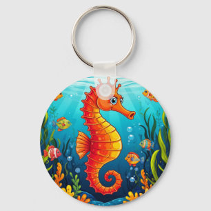 Cartoon Seahorse in a Vibrant Coral Reef Key Ring