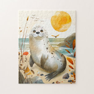 Cartoon Seal Relaxing on Rock Jigsaw Puzzle