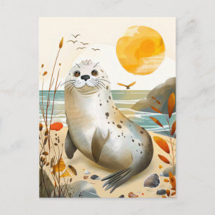 Cartoon Seal Relaxing on Rock Postcard