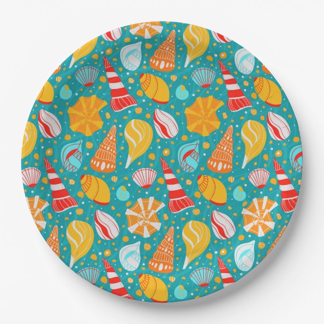 Cartoon seashells with sand and doodle ornament   paper plate (Front)