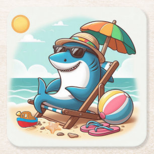 Cartoon shark at the beach square paper coaster