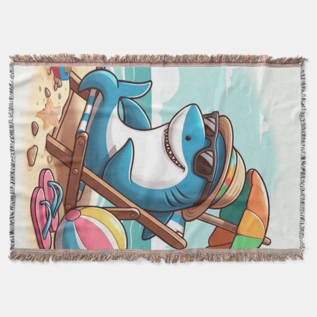 Cartoon shark at the beach throw blanket (Front)