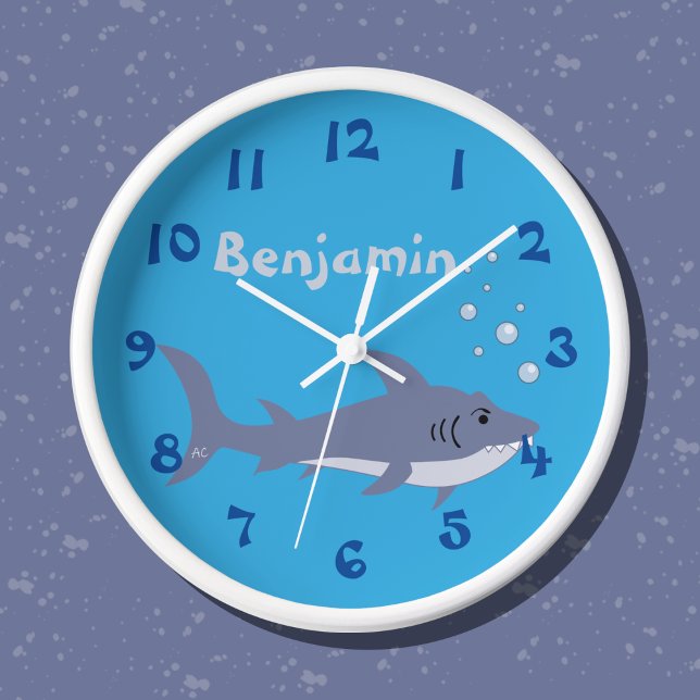 Cartoon Shark Blue Nursery Room Wall Clock (Cute nursery room clock with name .)