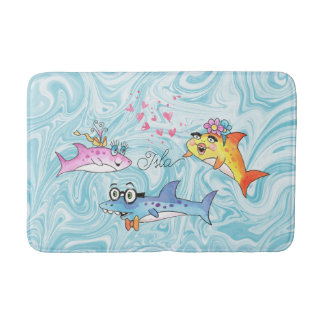 Cartoon Shark Family Blue Waves Bath Mat
