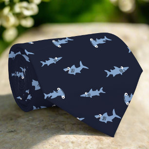 Cartoon Shark In Blue Ocean Abstract Pattern Tie