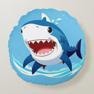 Cartoon Shark Swimming Underwater Round Cushion