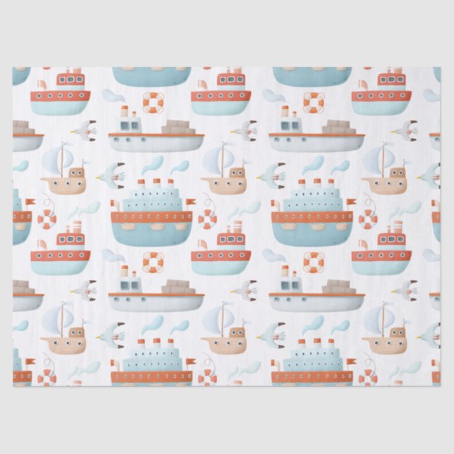 Cartoon Ships and Birds on White Decoupage Tissue Paper (Front)