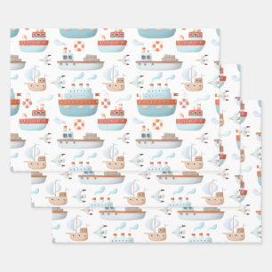 Cartoon Ships and Birds on White Decoupage Wrapping Paper Sheet