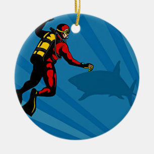 Cartoon Showing Scuba Diver And Shark Ceramic Tree Decoration