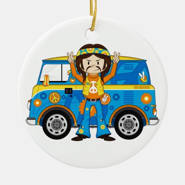 Cartoon Sixties Peace Hippie and Van Ceramic Ornament (Front)