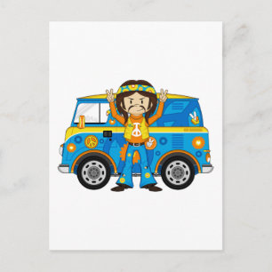 Cartoon Sixties Peace Hippie and Van Postcard