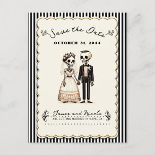 Cartoon Skeleton Bride + Groom Save the Date Announcement Postcard
