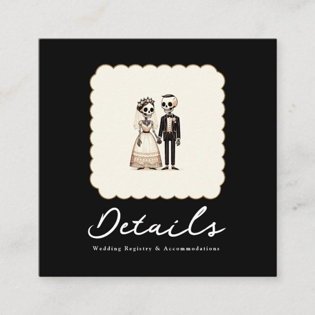 Cartoon Skeleton Bride + Groom Wedding Details Square Business Card (Front)