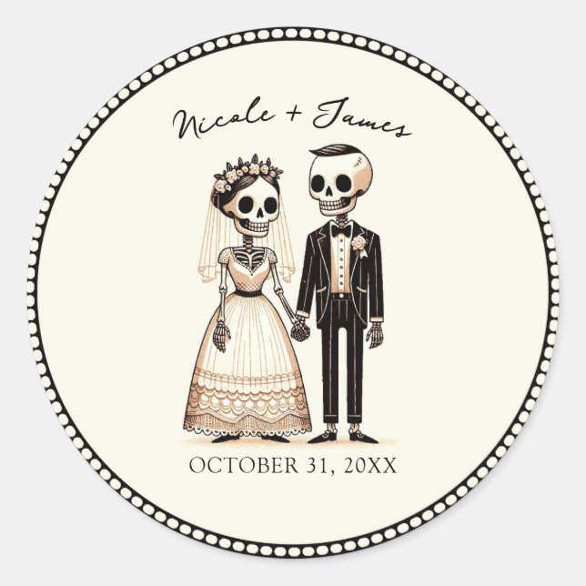 Cartoon Skeleton Bride + Groom Whimsical Wedding Classic Round Sticker (Front)