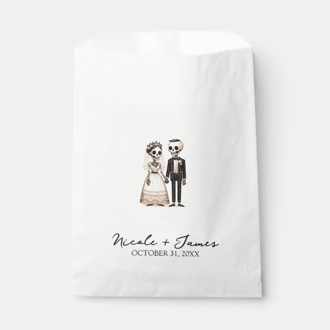 Cartoon Skeleton Bride + Groom Whimsical Wedding Favour Bag (Front)