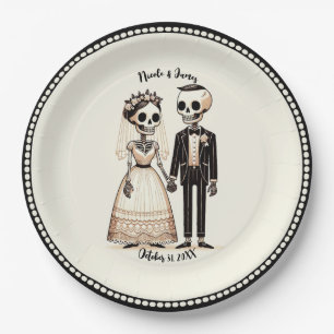 Cartoon Skeleton Bride + Groom Whimsical Wedding Paper Plate