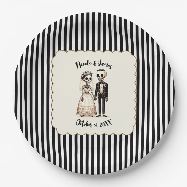 Cartoon Skeleton Bride + Groom Whimsical Wedding Paper Plate (Front)