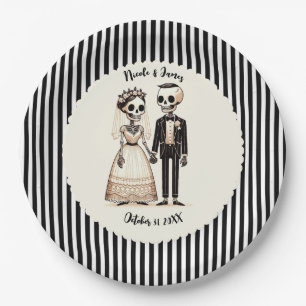 Cartoon Skeleton Bride + Groom Whimsical Wedding Paper Plate