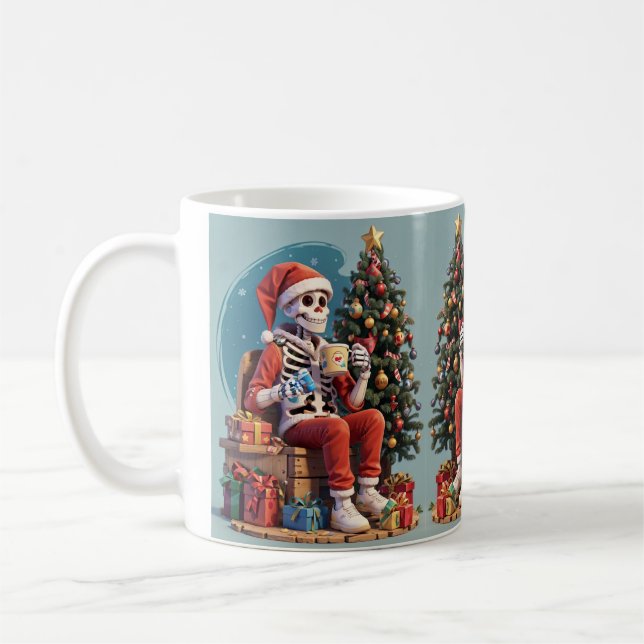 Cartoon Skeleton Wearing Santa Drinking Coffee Mug (Left)