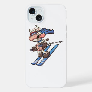 cartoon skiing super cow with tongue out iPhone 15 plus case