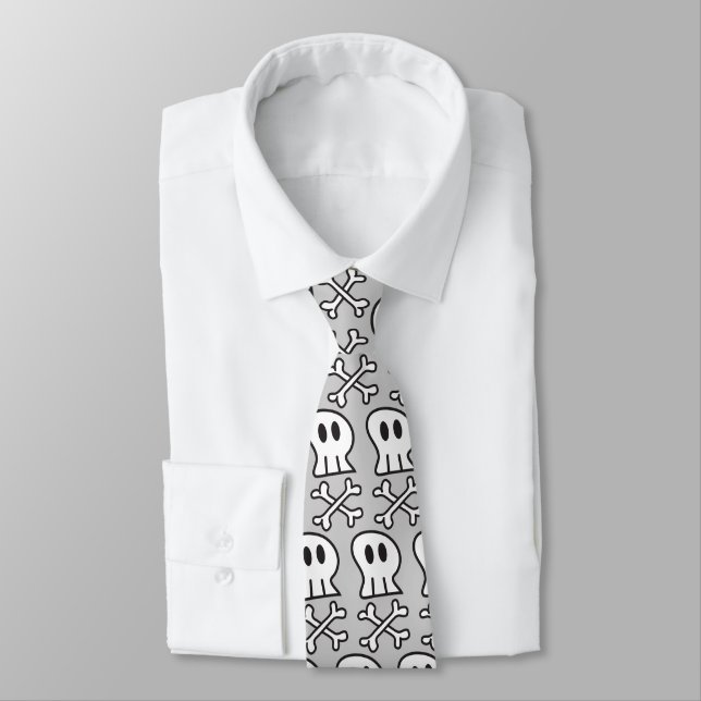 Cartoon Skulls & Bones Pattern Fun Halloween Party Tie (Tied)