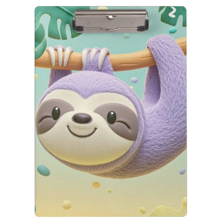 Cartoon sloth hanging on tree branch clipboard
