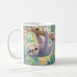 Cartoon sloth hanging upside-down from a branch coffee mug