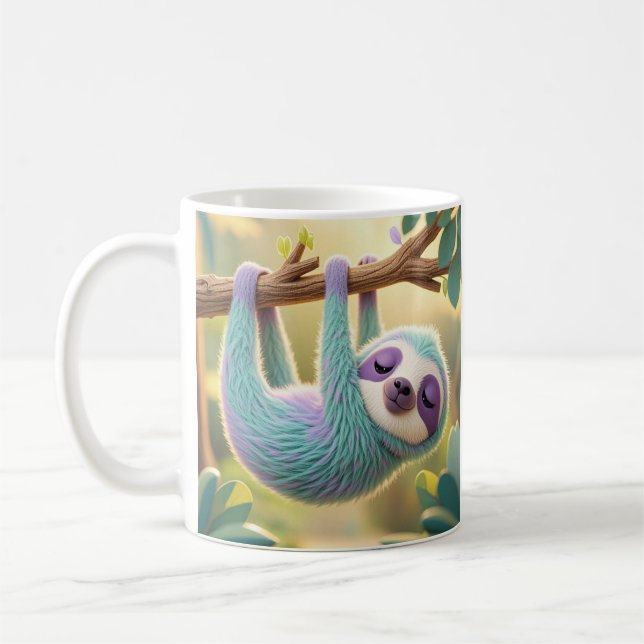 Cartoon sloth hanging upside-down from a branch  coffee mug (Left)