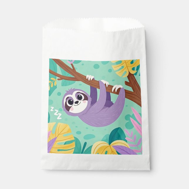 Cartoon sloth hanging upside-down from a branch favour bag (Front)
