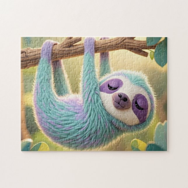 Cartoon sloth hanging upside-down from a branch  jigsaw puzzle (Horizontal)