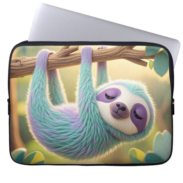 Cartoon sloth hanging upside-down from a branch  laptop sleeve (Front)
