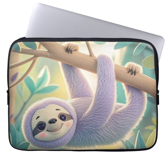 Cartoon sloth hanging upside-down from a branch  laptop sleeve (Front)