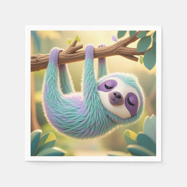 Cartoon sloth hanging upside-down from a branch  napkin (Front)