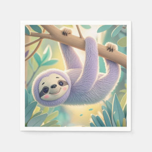 Cartoon sloth hanging upside-down from a branch napkin