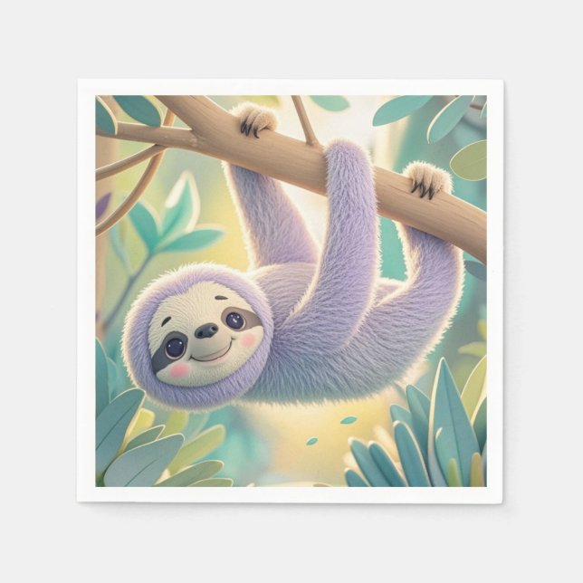 Cartoon sloth hanging upside-down from a branch  napkin (Front)