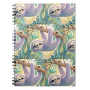 Cartoon sloth hanging upside-down from a branch notebook