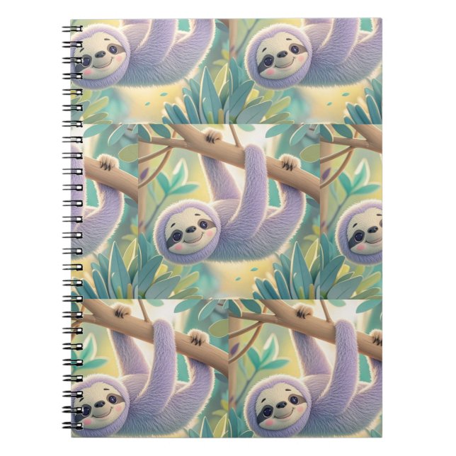 Cartoon sloth hanging upside-down from a branch  notebook (Front)