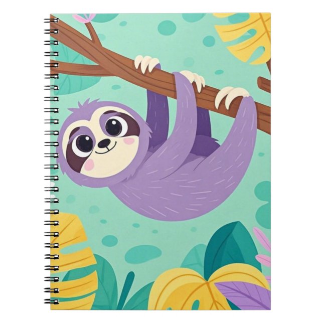 Cartoon sloth hanging upside-down from a branch notebook (Front)