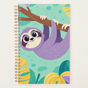 Cartoon sloth hanging upside-down from a branch planner