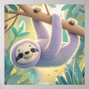 Cartoon sloth hanging upside-down from a branch  poster