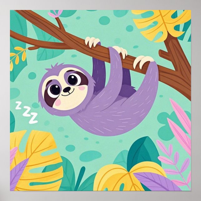 Cartoon sloth hanging upside-down from a branch poster (Front)