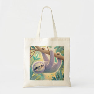 Cartoon sloth hanging upside-down from a branch tote bag