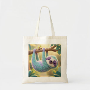 Cartoon sloth hanging upside-down from a branch tote bag